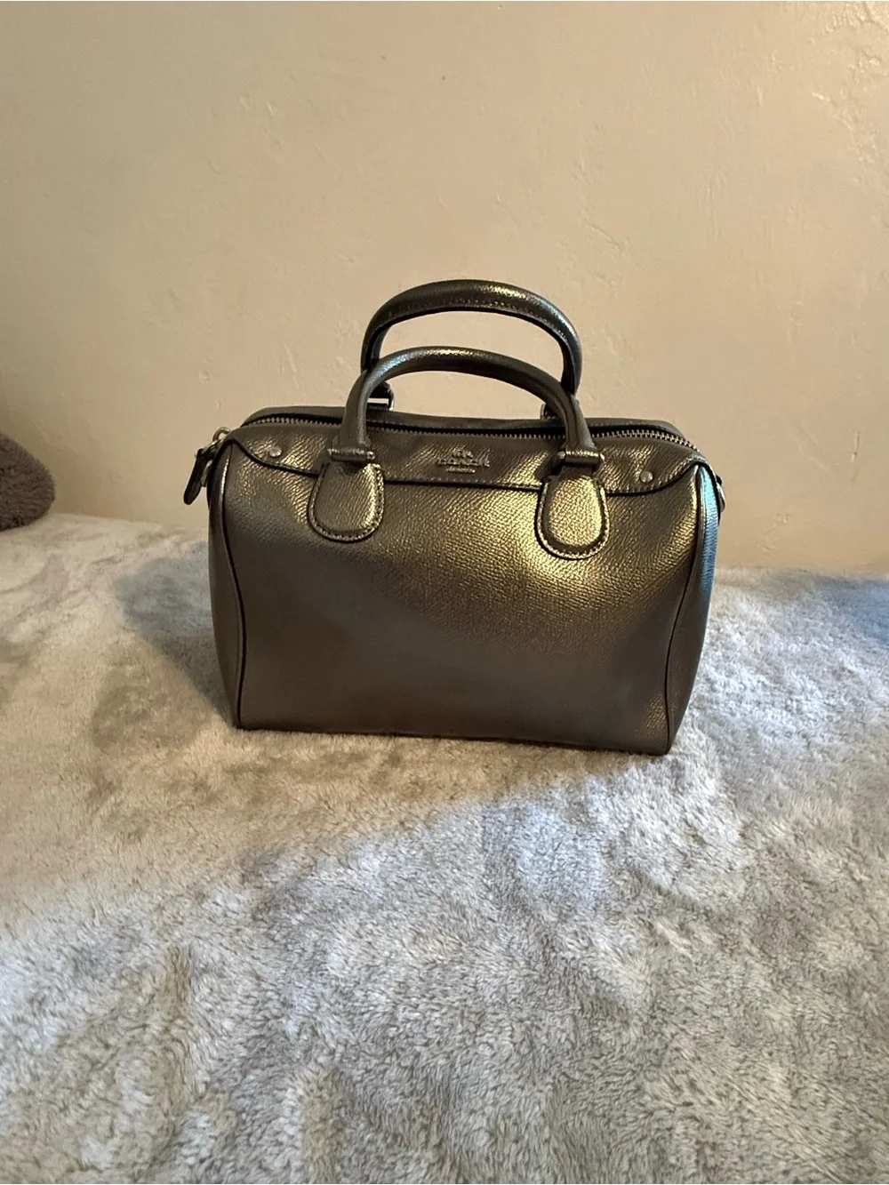 Coach Metallic Pewter Leather Satchel with Crossbody Strap